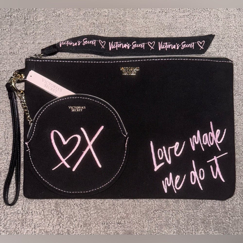 Victoria’s Secret Black & Pink Canvas Toiletry Makeup Bag Pouch Set